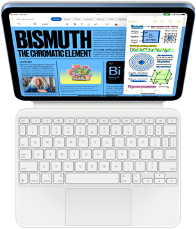 Magic Keyboard Folióhoz csatlakoztatott iPad, melynek a képernyőjén a Slide Over funkció jelenik meg a Pages és a Jegyzetek
appal