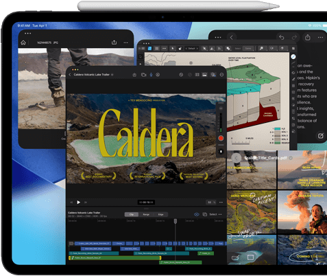 Asztrofekete iPad Pro szemből, fekvő tájolásban, a tetején Apple Pencil, a kijelzőn egymás mellé helyezve több alkalmazásablak,
köztük a Final Cut Pro különböző videószerkesztési funkciókkal és idővonallal, a Térképek, a Jegyzetek és különféle médiaklipek