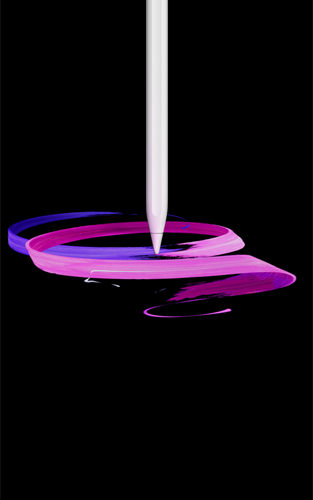 Fehér
Apple Pencil Pro, elölnézetben, álló tájolásban, oldalprofilból, amint lila és rózsaszín szalagokból álló absztrakt látványtervet
rajzol