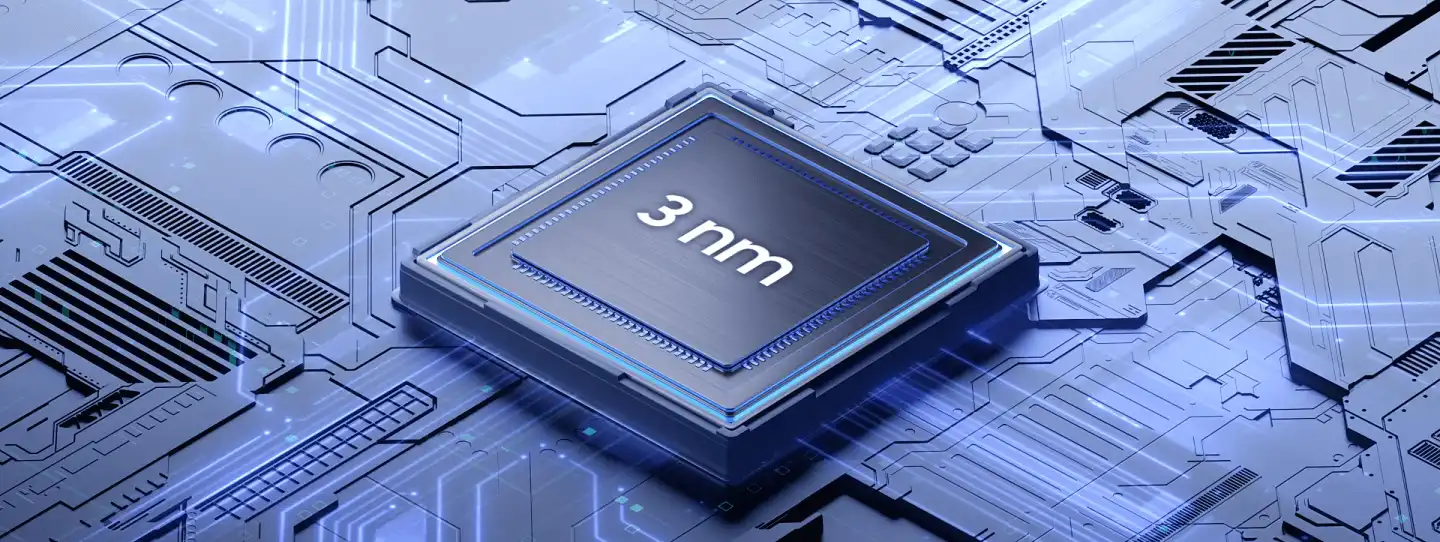 3 nanométeres chip illusztrációja kékes áramkörök között, technológiai háttérrel.