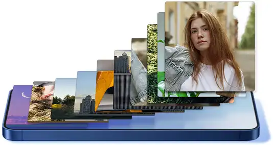 Okostelefon kijelzőjén egymás mögött megjelenő fotók, különböző témákkal és színekkel.