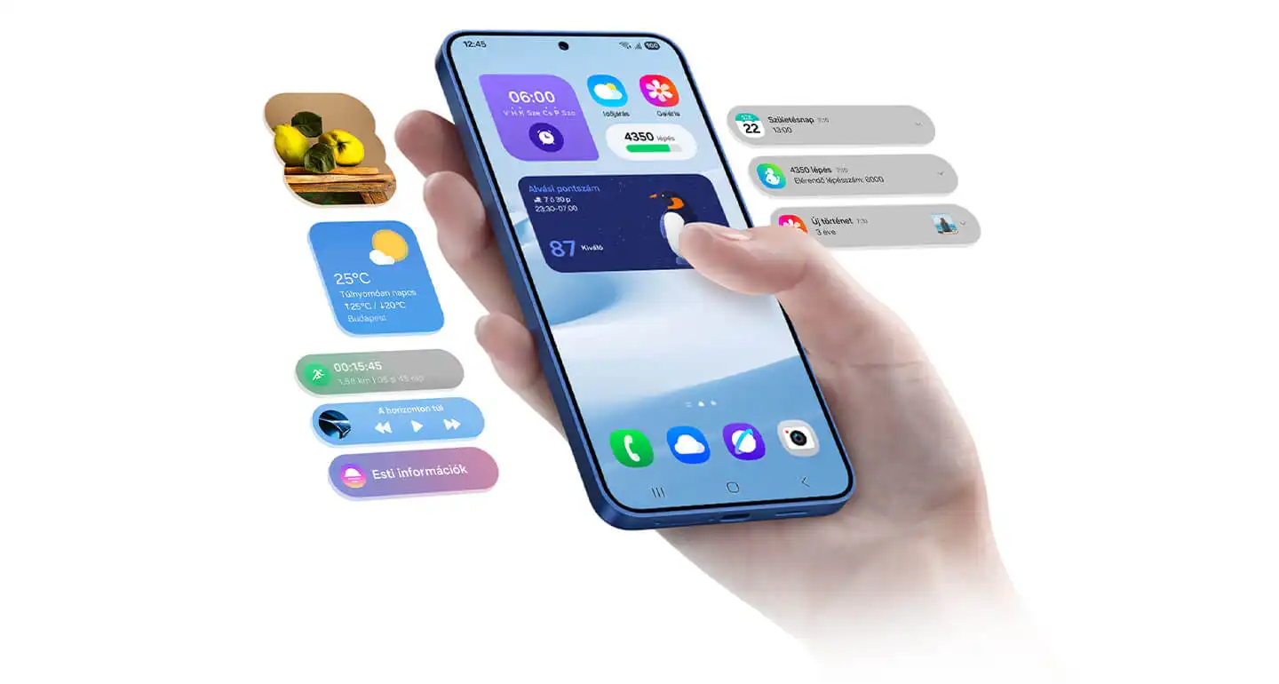 Kézben tartott okostelefon kijelzőjén különböző widgetek és alkalmazások lebegnek a képernyő körül, modern kezelőfelülettel.
