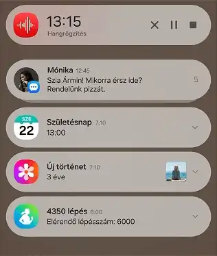Okostelefon értesítési paneljén üzenetek, naptárbejegyzések és lépésszámláló értesítések láthatók.