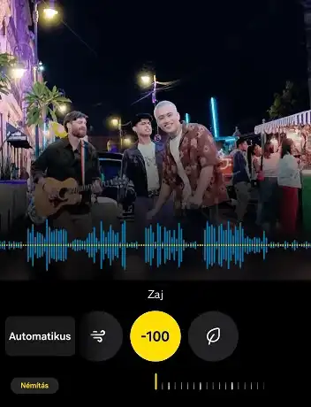 Galaxy S25 videószerkesztő felülete, zajszint állítással és hangvezérléssel