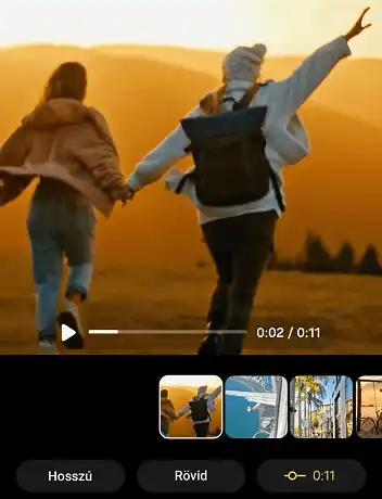 Galaxy S25 kijelzőjén videóvágás jelenet, naplementében futó párral