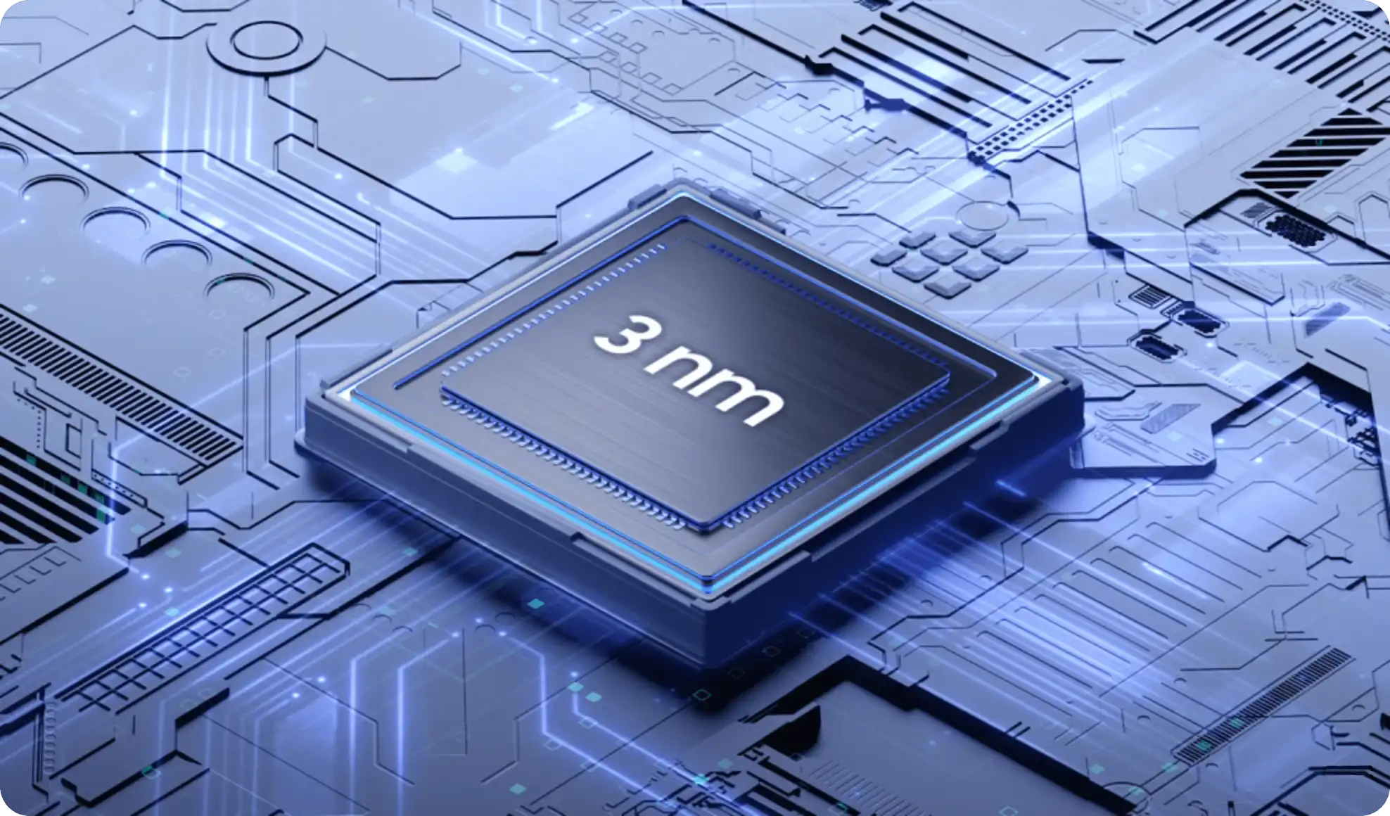 3 nanométeres chipet ábrázoló illusztráció, kékes áramkörökkel a háttérben.