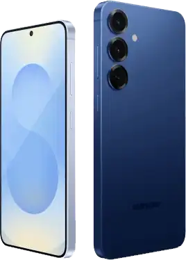 Két Galaxy S25 okostelefon kék színben, elölnézetben és hátulnézetben.