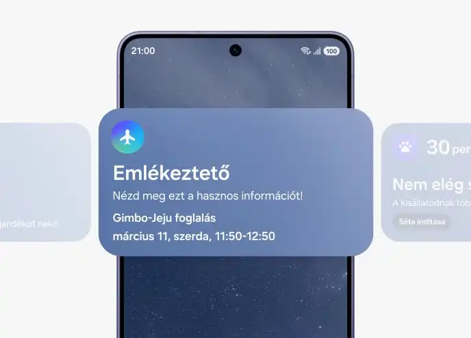 Galaxy S26 Ultra kijelzőjén emlékeztető kártya utazási foglalás részleteivel.