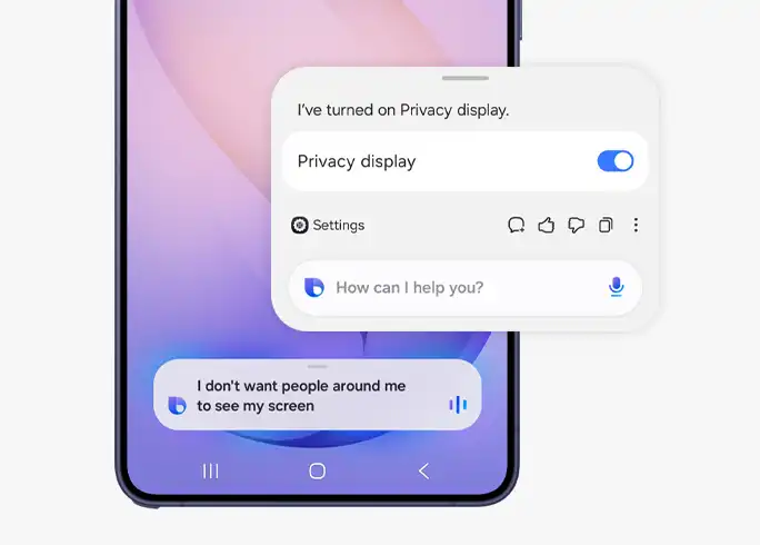 Adatvédelmi kijelző funkció bekapcsolása hangasszisztens felületen a Galaxy S26 Ultra telefonon.
