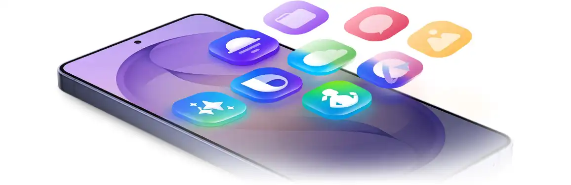 Galaxy S26 Ultra fölött lebegő színes alkalmazásikonok.