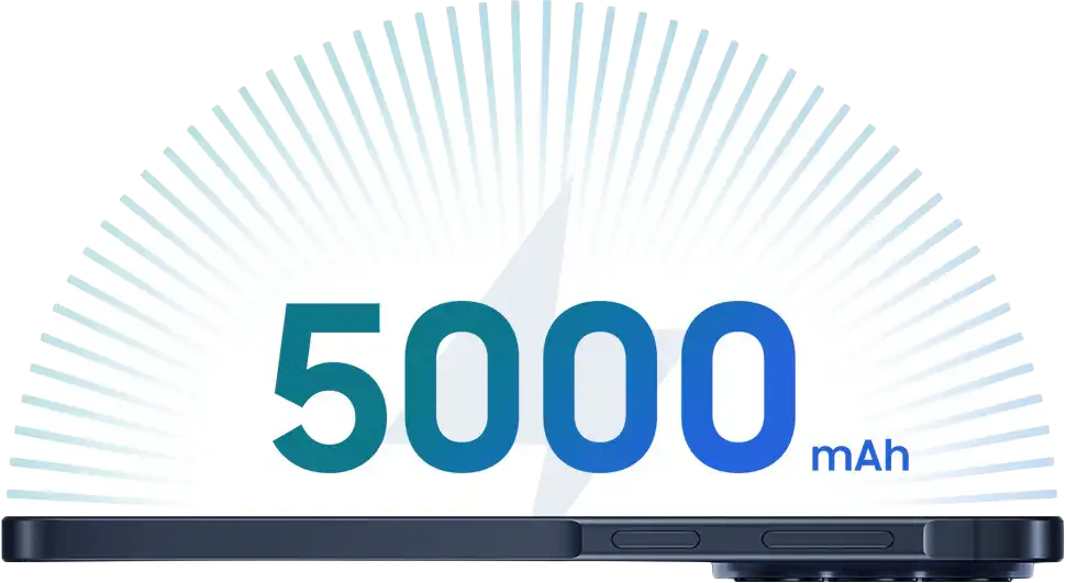 Galaxy A57 5G látható a képen. 5000 mAh van az eszköz felé írva a mindennapi hatékonyságért és szórakoztatásért.