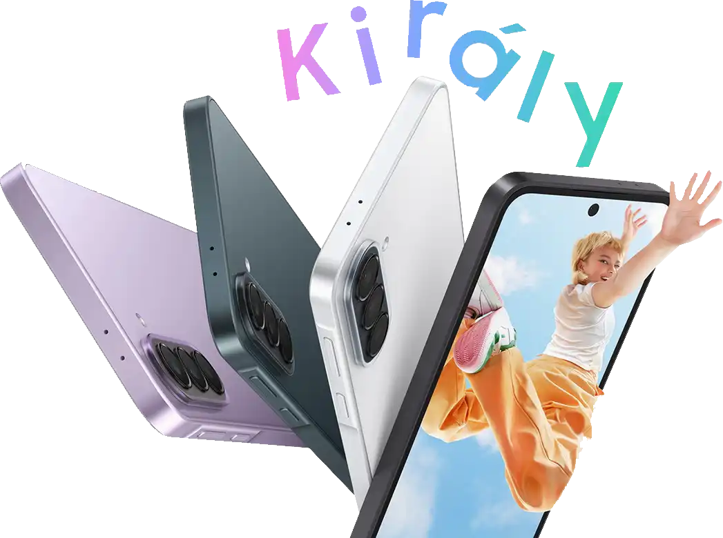 A Galaxy A széria telefonja látható Király tengerészkék, Király lila és Király jegeskék színekben oldalról és hátulról,
      kiemelve a vékony kialakítást és a tripla kamerarendszert a hátlapon. A Király szürke színben kissé jobbra elfordulva látható,
      a képernyőn egy fiatal nővel, aki a levegőbe ugrik és a keze kilóg a képernyőről. Király.