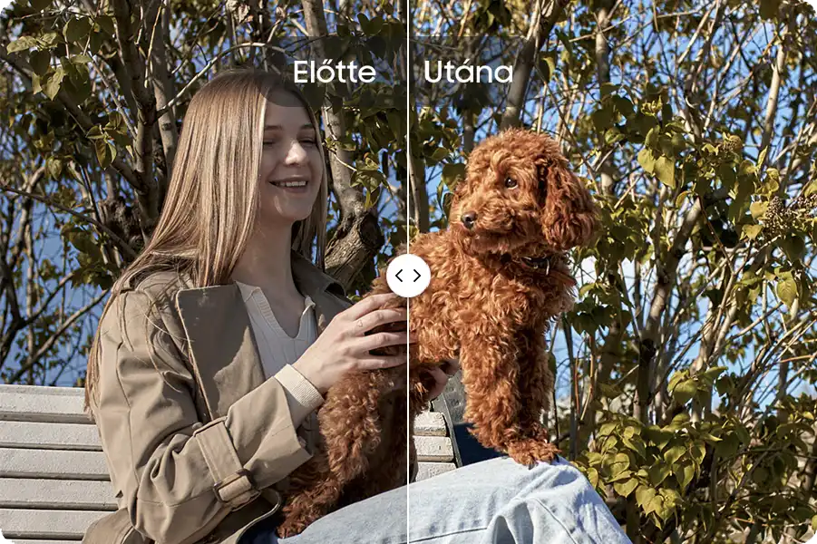Előtte és utána kép egy fiatal nőről és a kutyájáról, akik egy kinti padon ülnek egy parkban egy napfényes napon. Az
      Utána kép meg lett szerkesztve a Szerkesztési javaslatokkal a Galaxy A57 5G-n a feljavított minőségért.