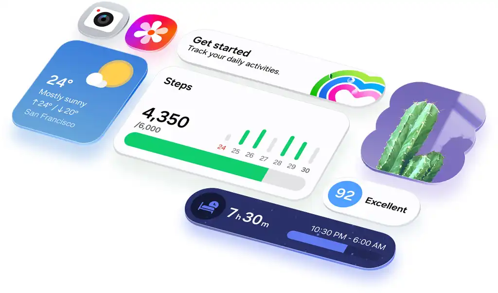 A One UI 8.5 felhasználói felület különböző alkalmazásikonjai és widgetjei rendezett rácsban vannak elrendezve, ami kiemeli
      az intuitív megjelenést.