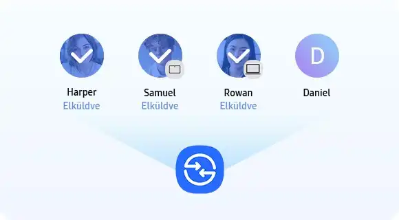 A Quick Share ikon felett négy címzett ikon látható, profilképükkel, nevükkel és eszközükkel együtt. Az első három címzett
      ikon alatt az elküldés állapota jelenik meg.