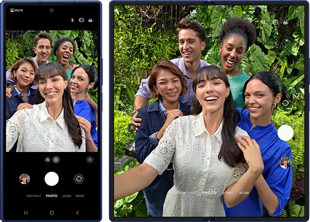 Csoportos szelfit készítenek Galaxy Z Fold7 készülékkel. Csoportos szelfiket készíthetsz mind a fedőképernyő, mind a
      főképernyő kamerájával, de a főképernyő kamerájának szélesebb látószöge jobb előnézetet biztosít a felvételről.