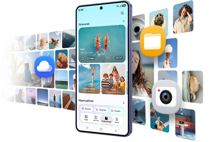 Egy Galaxy S26+ látható a fő kijelző irányából nézve. A galéria alkalmazás van megnyitva, amelyben láthatók a tárolt
      fényképek. Más alkalmazások is láthatók, ezzel kiemelve, hogy különféle tartalmakat tárolhatsz az eszközön.