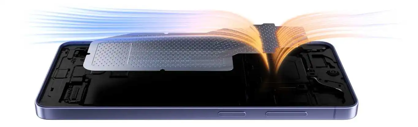 Galaxy S26 belső hűtőrendszerének szemléltető grafikája hőáramlással.
