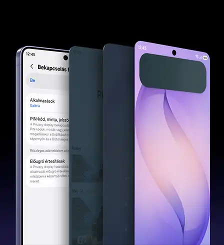 A Galaxy S26 Ultra ferdén látható, elöl egymásra rétegzett képernyőnézetekkel, bemutatva az Adatvédelmi kijelző testreszabási
      lehetőségeit és azt, hogyan rejthetők el a képernyő különböző részei.