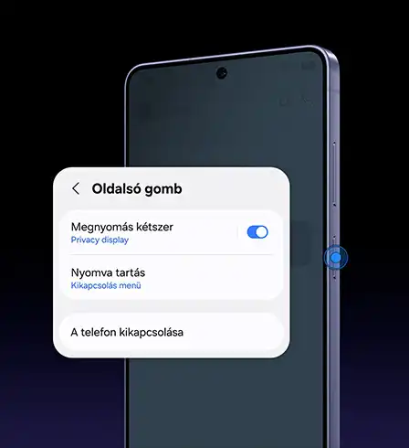 A Galaxy S26 Ultra elölről és enyhén oldalsó szögből látható. Az Oldalsó gomb beállításaiban a Dupla megnyomás be van
      kapcsolva, így az Adatvédelmi kijelző be- és kikapcsolható az oldalsó gomb dupla megnyomásával.