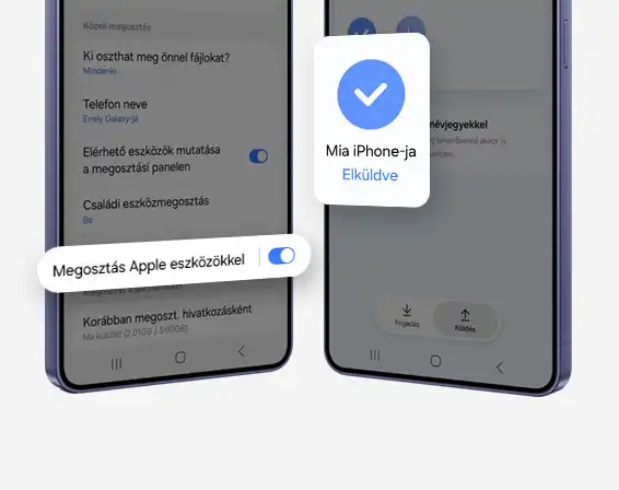 Két Galaxy S26 Series okostelefon látható a kijelző irányából. Az egyik eszközön a Megosztás Apple eszközökkel be van
      kapcsolva a Beállításokban. A másikon a tartalmat egy iPhone-ra küldték a Quick Share használatával.
