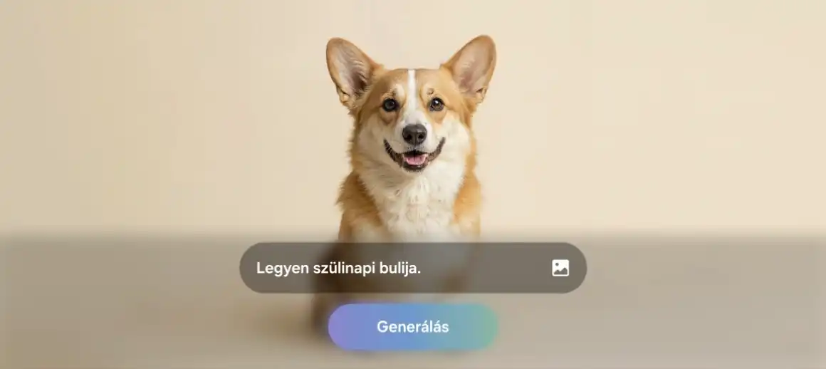 Corgi kutya képe szerkesztőfelületen, szövegbeviteli mezővel.