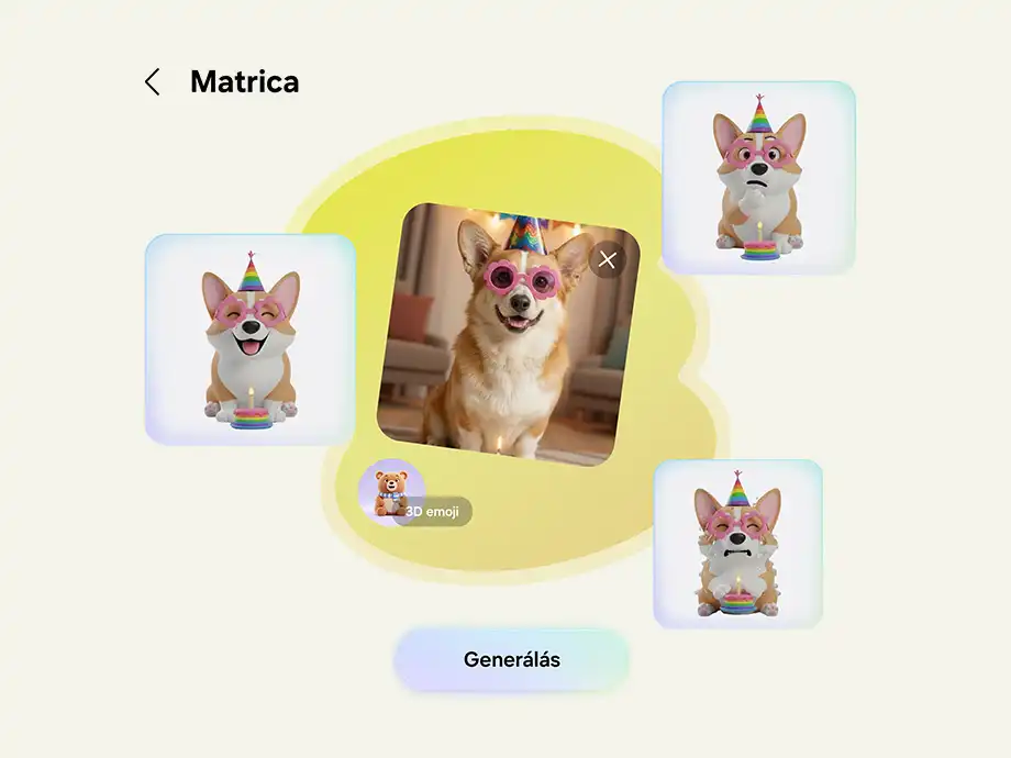 Matrica-generáló felület születésnapi kiegészítőkkel díszített kutyás 3D emojikkal.
