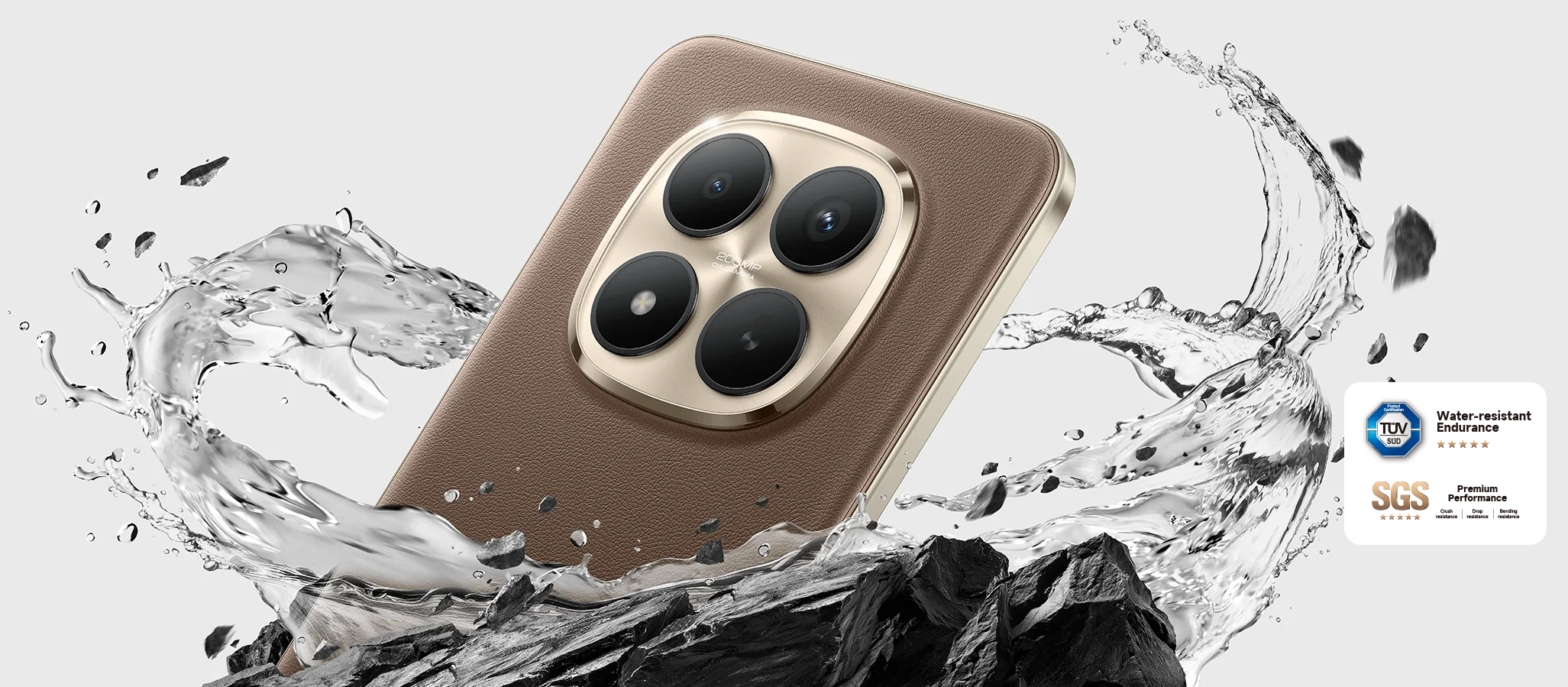 REDMI Note 15 Pro+ Titan Structure hátlap víz alatt, kövön, víz- és ütésállósági tanúsítványokkal