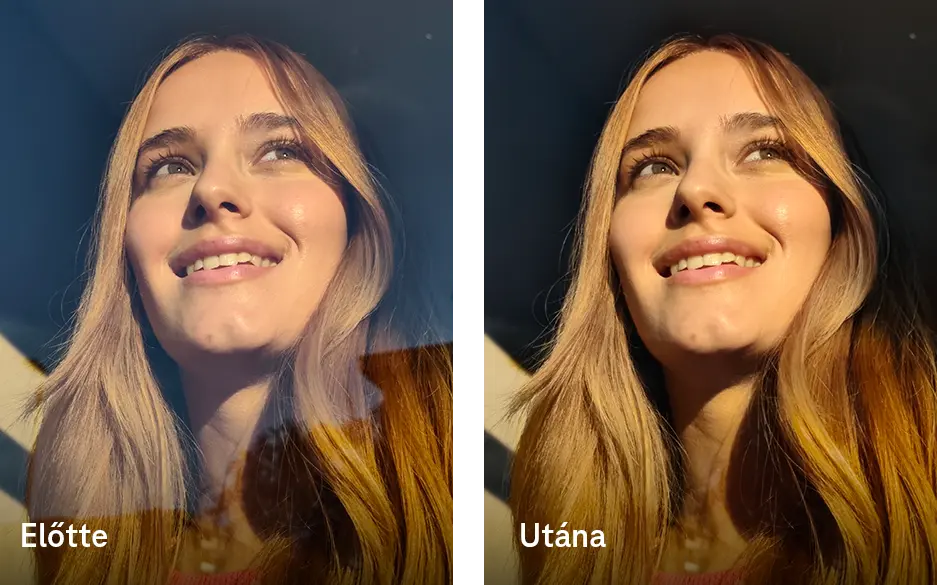 Portrékép, előtte-utána AI Remove Reflection összehasonlítás