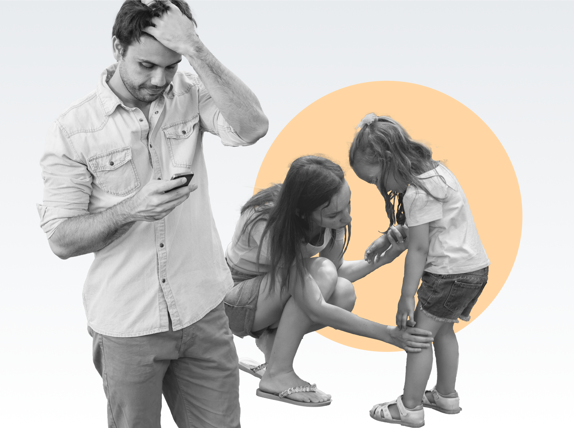 Kislány, aki anyukájával beszél, miközben az apa telefonon keresztül kér segítséget.