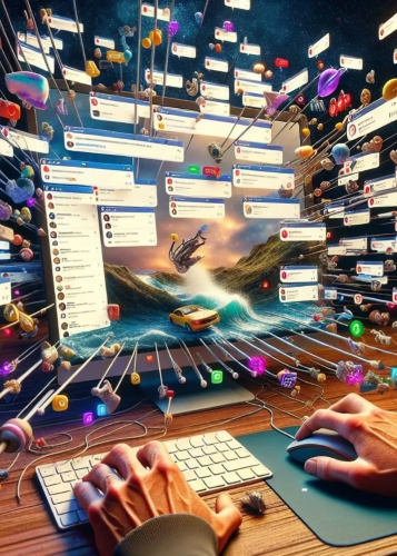 Absztrakt, vizuálisan gazdag kép, amely a digitális információk és az online világ túlterheltségét ábrázolja egy számítógép képernyőjén keresztül. Egy személy kezei láthatók, amint billentyűzetet és egeret használnak egy fa asztalon.