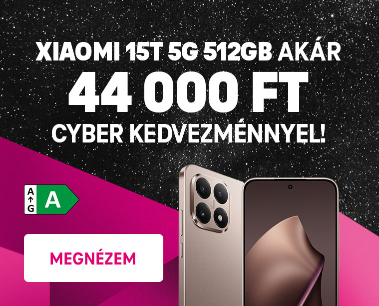 Promóciós kép, amely a Xiaomi 15T 5G 512GB okostelefont hirdeti akár 44 000 Ft cyber kedvezménnyel.