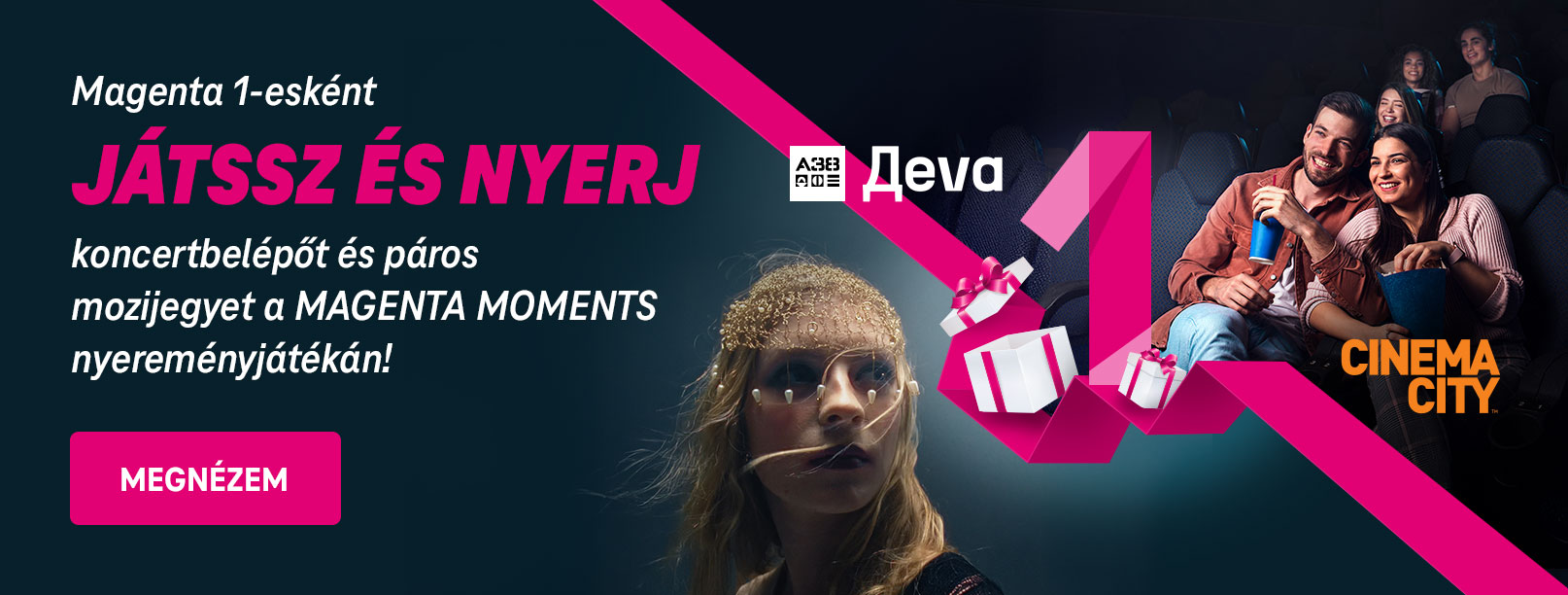 Promóciós kép a Telekom Magenta Moments nyereményjátékáról, amely koncertbelépőt és páros mozijegyet kínál.