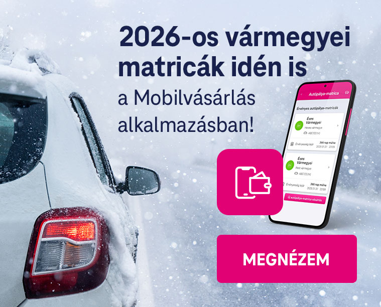 Vármegyei autópálya matricák 2026-ra a Mobilvásárlás appban. Havas autó és telefon applikáció képe. Autópálya, matrica, Mobilvásárlás, app, 2026, tél.