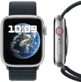 Az új karbonsemleges Apple Watch elöl- és oldalnézetből.