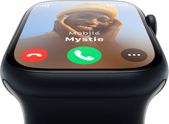 Az Apple Watch elölnézeti képe egy bejövő hívással.