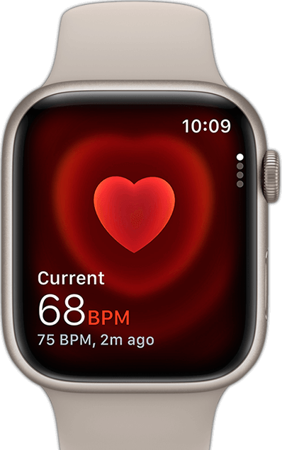 Az Apple Watch elölnézeti képe egy pulzusadattal.