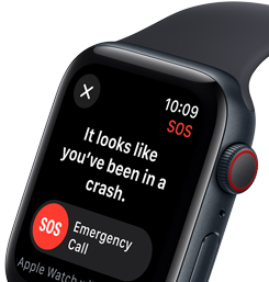 Ütközésészlelés képernyő a Segélyhívás gombbal egy Apple Watch SE kijelzőjén