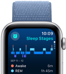 Az Alvás app képernyőjén az Alvásfázisok láthatók, az ébren és a REM-fázisban töltött percekkel.