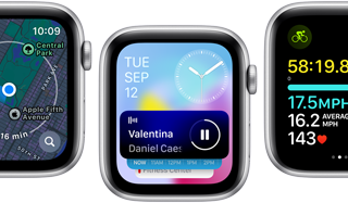 Apple Watch SE-kijelzők elölnézetből a különböző megújult appokból származó kijelzőkkel.