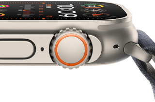 Apple Watch Ultra 2 masszív titántokkal, lapos kijelzővel, digital crownnal és oldalsó gombbal