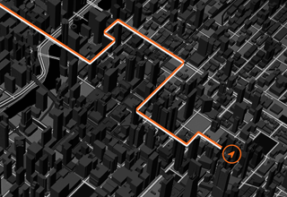Sűrűn beépített nagyvárosi környezetben haladó útvonal rajza egy térképen a precíziós GPS képességeinek illusztrálására