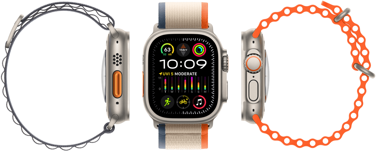 Apple Watch Ultra 2 és három különböző típusú kompatibilis szíj, nagy kijelző, masszív titántok, narancsszínű Művelet       gomb és Digital Crown
