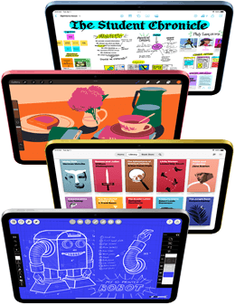 iPad-kijelzők szemből, rajtuk különféle Apple- és App Store-alkalmazásokkal