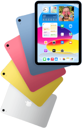 Egy iPad elölnézete a főképernyőt mutatja, mögötte négy iPad látható hátulnézetből kék, rózsaszín, sárga és ezüstszínben