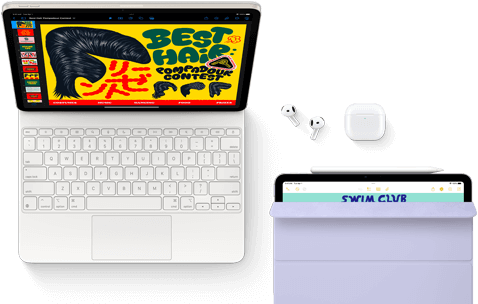 Egy Magic Keyboardhoz csatlakoztatott iPad Air, mellette különböző kiegészítők – AirPods Pro, Apple Pencil Pro és Smart       Folio