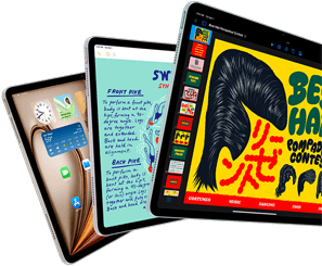 Három       iPad Air, a kijelzőjükön az iPadOS és különböző appok funkcióival