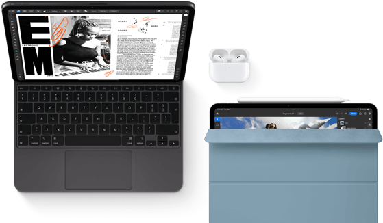 iPad Pro Magic Keyboarddal és Airpods Próval. Egy másik iPad Apple Pencillel és Smart Folióval