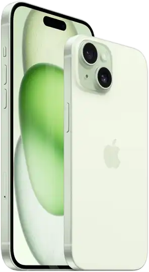 A 6,7 hüvelykes iPhone 15 Plus és a 6,1 hüvelykes iPhone 15 együtt egy képen a méretek összehasonlításához.