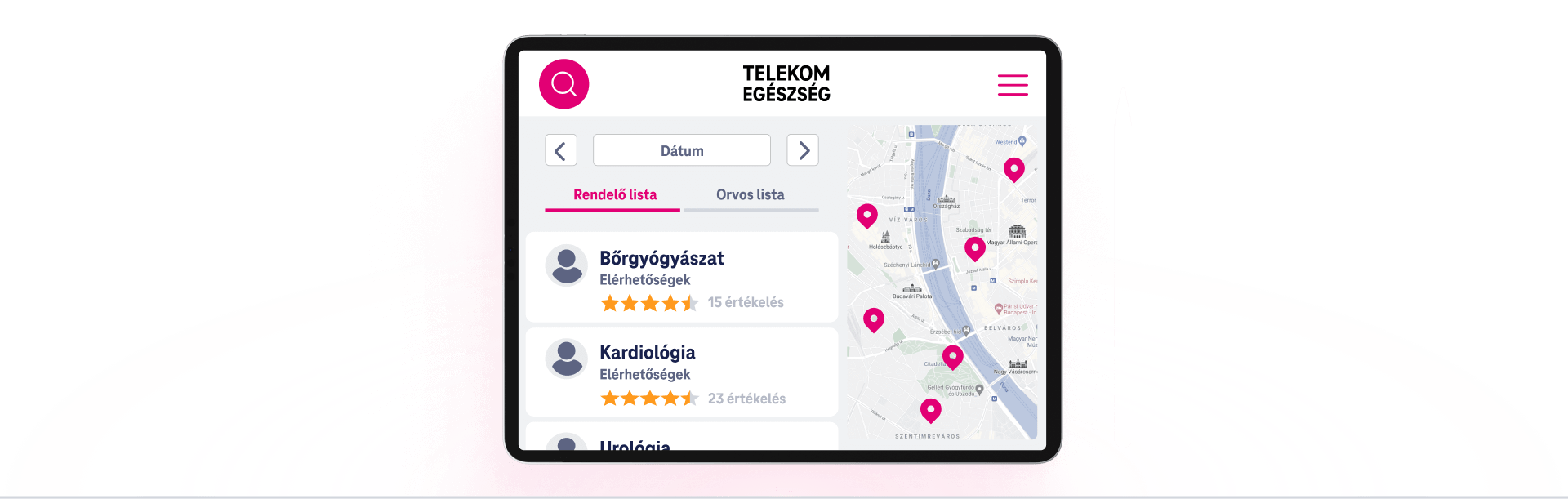 Orvoskereső és időpontfoglaló alkalmazás térképpel és orvoslistával, különböző szakrendelésekkel.